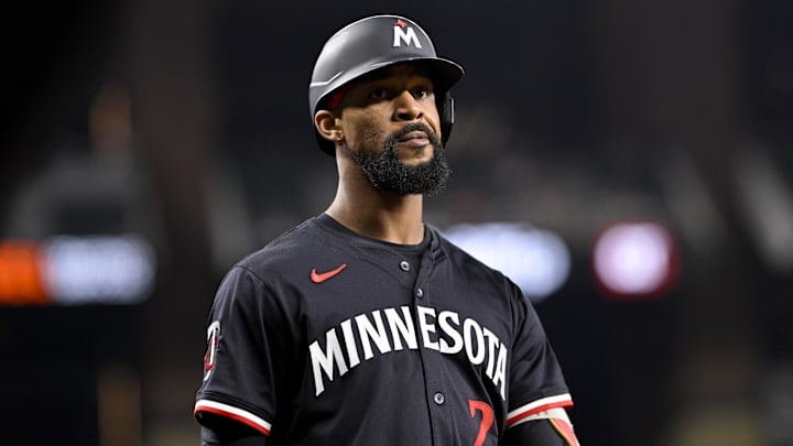 Sep 24, 2025; Arlington, Texas, USA; Minnesota Twins designated hitter Byron Buxton (25) looks on during the sixth inning against the Texas Rangers at Globe Life Field. Mandatory Credit: Jerome Miron-Imagn Images