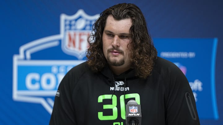 Mar 1, 2025; Indianapolis, IN, USA; Southern California offensive lineman Jonah Monheim answers questions at a press conference during the 2025 NFL Combine at Indiana Convention Center. Mandatory Credit: Jacob Musselman-Imagn Images Mar 1, 2025; Indianapolis, IN, USA; Southern California offensive lineman Jonah Monheim answers questions at a press conference during the 2025 NFL Combine at Indiana Convention Center. Mandatory Credit: Jacob Musselman-Imagn Images