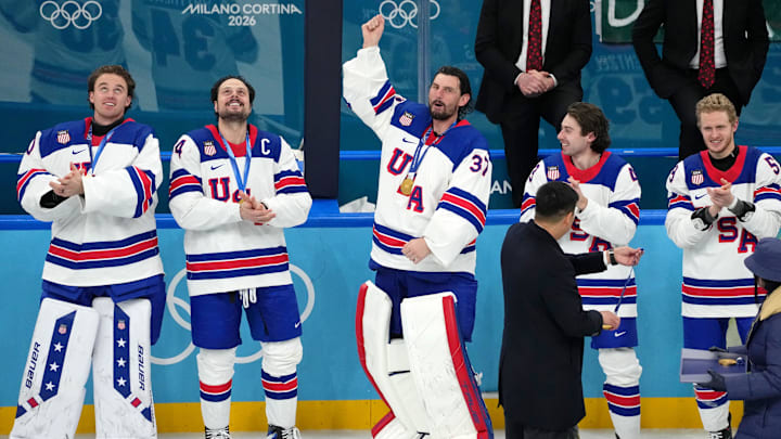 Connor Hellebuyck celebrates after winning the men's ice hockey gold medal game during the Milano Cortina 2026 Olympic Winter Games. Connor Hellebuyck celebrates after winning the men's ice hockey gold medal game during the Milano Cortina 2026 Olympic Winter Games.