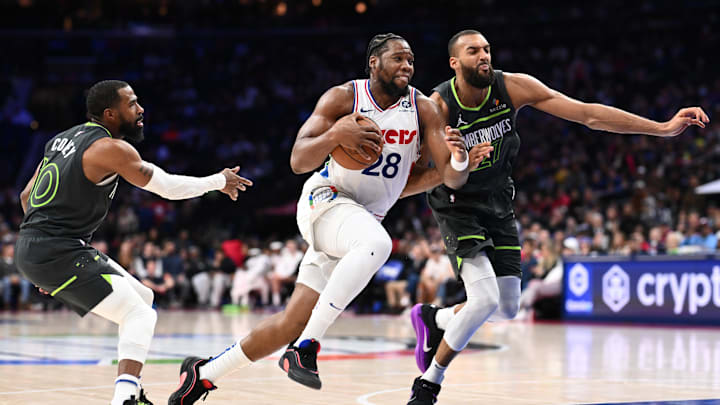 Apr 5, 2025; Philadelphia, Pennsylvania, USA; Philadelphia 76ers forward Guerschon Yabusele (28) drives against Minnesota Timberwolves center Rudy Gobert (27) in the second quarter at Wells Fargo Center. Mandatory Credit: Kyle Ross-Imagn Images Apr 5, 2025; Philadelphia, Pennsylvania, USA; Philadelphia 76ers forward Guerschon Yabusele (28) drives against Minnesota Timberwolves center Rudy Gobert (27) in the second quarter at Wells Fargo Center. Mandatory Credit: Kyle Ross-Imagn Images