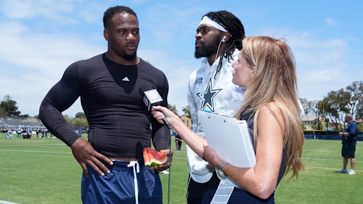 NFL Network reporter Jane Slater interviews Dallas Cowboys defensive end Micah Parsons and cornerback Trevon Diggs.