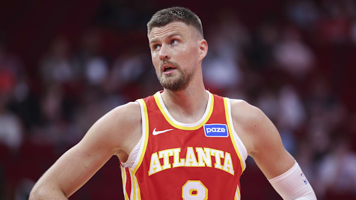 Oct 6, 2025; Houston, Texas, USA; Atlanta Hawks forward/center Kristaps Porzingis (8) reacts during the second quarter against the Houston Rockets at Toyota Center. Mandatory Credit: Troy Taormina-Imagn Images