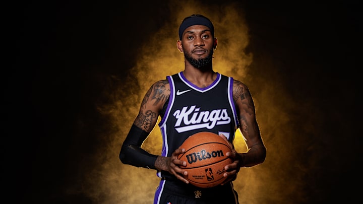 Sep 30, 2024; Sacramento, CA, USA; Sacramento Kings forward Jalen McDaniels (7) during media day at Golden 1 Center. Mandatory Credit: Sergio Estrada-Imagn Images