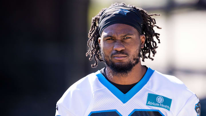 Jul 23, 2025; Charlotte, NC, USA; Carolina Panthers cornerback M.J. Devonshire (28) heads to the field for training camp. Mandatory Credit: Scott Kinser-Imagn Images
