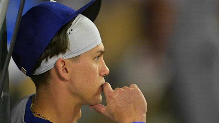 Jul 9, 2025; Anaheim, California, USA;  Texas Rangers center fielder Sam Haggerty (0) looks from the dugout in the eighth inning against the against the Los Angeles Angels at Angel Stadium. 
