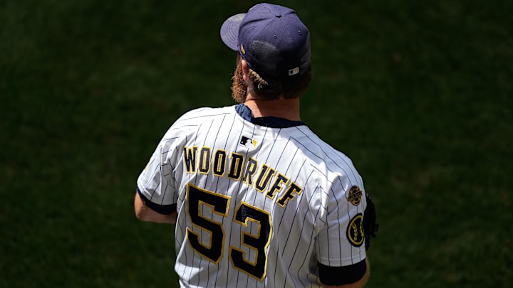 Jul 12, 2025; Milwaukee, Wisconsin, USA; Milwaukee Brewers pitcher Brandon Woodruff (53) during warmups prior to the game against the Washington Nationals at American Family Field. Mandatory Credit: Jeff Hanisch-Imagn Images Jul 12, 2025; Milwaukee, Wisconsin, USA; Milwaukee Brewers pitcher Brandon Woodruff (53) during warmups prior to the game against the Washington Nationals at American Family Field. Mandatory Credit: Jeff Hanisch-Imagn Images