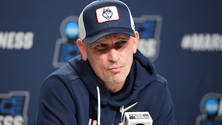 Mar 19, 2026; Philadelphia, PA, USA; Connecticut Huskies head coach Dan Hurley conducts a press conference during a practice session ahead of the first round of the men's 2026 NCAA Tournament at Xfinity Mobile Arena. Mandatory Credit: Kyle Ross-Imagn Images