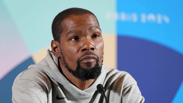 USA basketball player Kevin Durant talks to the media during a press conference. USA basketball player Kevin Durant talks to the media during a press conference.