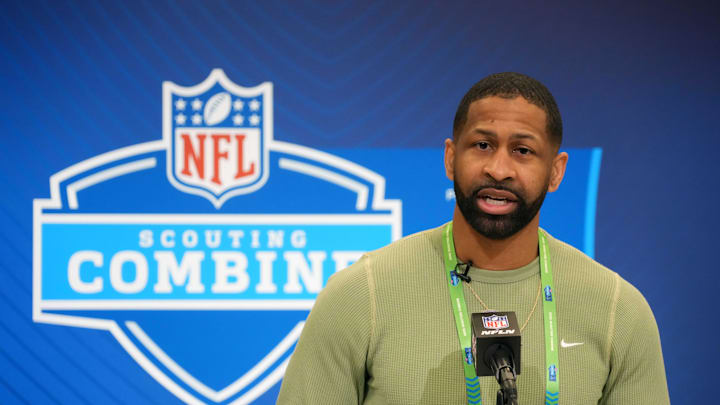 Feb 25, 2025; Indianapolis, IN, USA; Cleveland Browns general manager Andrew Berry speaks during the NFL Scouting Combine at the Indiana Convention Center. Mandatory Credit: Kirby Lee-Imagn Images Feb 25, 2025; Indianapolis, IN, USA; Cleveland Browns general manager Andrew Berry speaks during the NFL Scouting Combine at the Indiana Convention Center. Mandatory Credit: Kirby Lee-Imagn Images