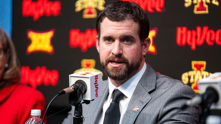 Jimmy Rogers speaks during his introductory press conference as Iowa State’s new head football coach on Dec. 8, 2025, at Iowa State University in Ames, IA.