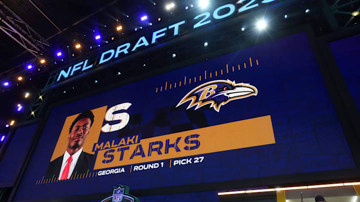 Apr 24, 2025; Green Bay, WI, USA; Georgia Bulldogs safety Malaki Starks is selected as the No. 27 pick by the Baltimore Ravens during the NFL Draft at Lambeau Field. Mandatory Credit: Kirby Lee-Imagn Images