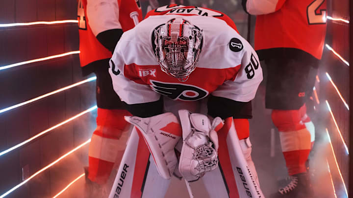 May 9, 2026; Philadelphia, Pennsylvania, USA; Philadelphia Flyers goaltender Dan Vladar (80) waits to take the ice against the Carolina Hurricanes before game four of the second round of the 2026 Stanley Cup Playoffs at Xfinity Mobile Arena. Mandatory Credit: James Lang-Imagn Images