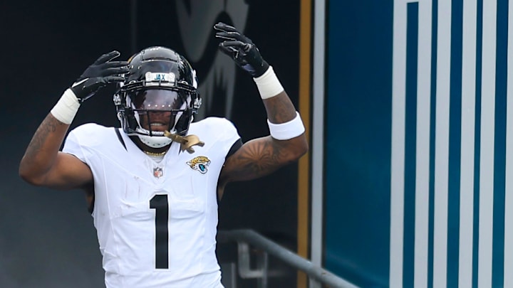 Jacksonville Jaguars running back Travis Etienne Jr. (1) is introduced before an NFL football matchup Sunday, Sept. 15, 2024 at EverBank Stadium in Jacksonville, Fla. The Browns defeated the Jaguars 18-13. [Corey Perrine/Florida Times-Union]
