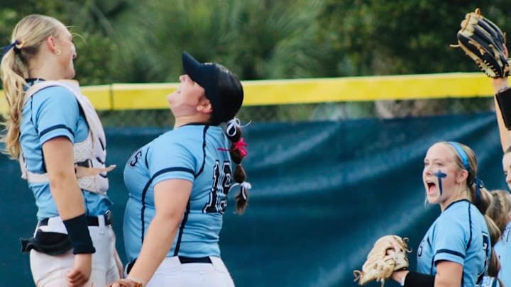 Eustis catcher Ella Fleming, far left, celebrates with teammates in a game earlier this season. The sophomore recently went 4-for-4 with two doubles and two RBIs in a 14-0 victory against St. Joseph Academy. Eustis catcher Ella Fleming, far left, celebrates with teammates in a game earlier this season. The sophomore recently went 4-for-4 with two doubles and two RBIs in a 14-0 victory against St. Joseph Academy.