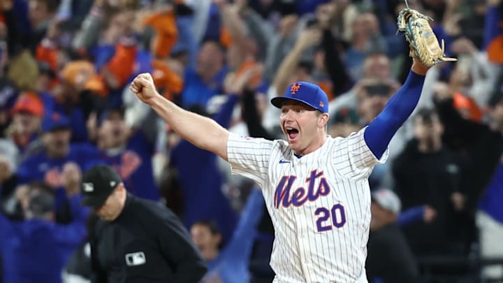 Oct 9, 2024; New York, New York, USA; New York Mets first baseman Pete Alonso (20) celebrates after defeating the Philadelphia Phillies in game four of the NLDS for the 2024 MLB Playoffs at Citi Field. Mandatory Credit: Wendell Cruz-Imagn Images