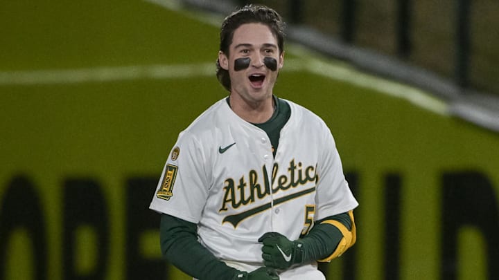 Apr 24, 2025; West Sacramento, California, USA; Athletics shortstop Jacob Wilson (5) celebrates after hitting a walk off single against the Texas Rangers during the ninth inning at Sutter Health Park. Mandatory Credit: Ed Szczepanski-Imagn Images Apr 24, 2025; West Sacramento, California, USA; Athletics shortstop Jacob Wilson (5) celebrates after hitting a walk off single against the Texas Rangers during the ninth inning at Sutter Health Park. Mandatory Credit: Ed Szczepanski-Imagn Images