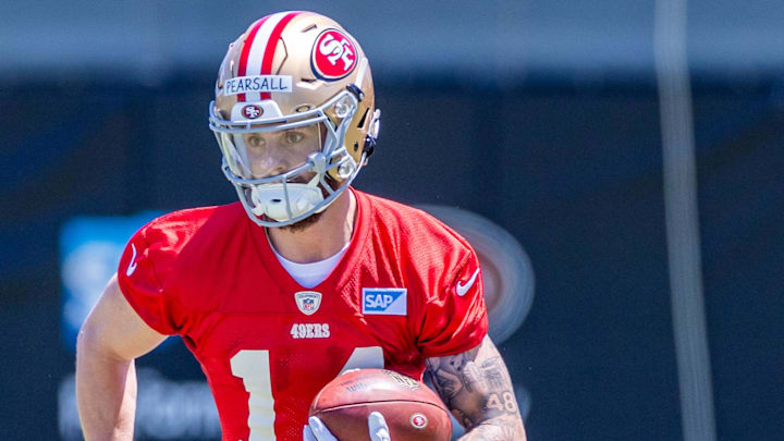 May 10, 2024; Santa Clara, CA, USA; San Francisco 49ers wide receiver Ricky Pearsall (14) runs drills during the 49ers rookie minicamp at Levi’s Stadium in Santa Clara, CA. Mandatory Credit: Robert Kupbens-USA TODAY Sports