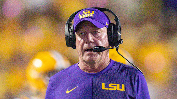 Sept. 13, 2025; Baton Rouge, Louisiana, USA;  LSU Tigers head coach Brian Kelly looks on against the Florida Gators during the first half at Tiger Stadium.