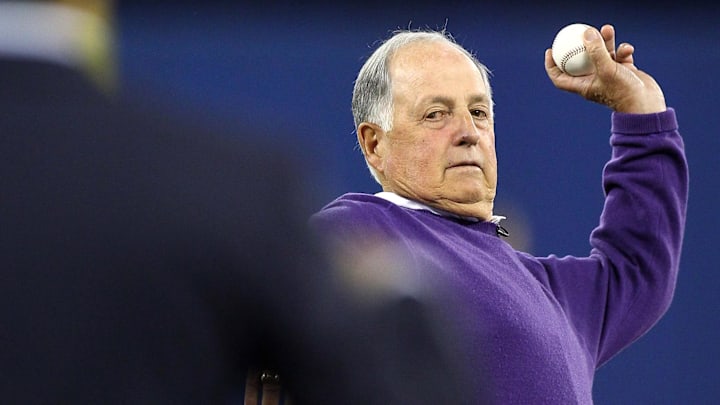 Apr 1, 2011; Toronto, ON, Canada; 2011 Hall of Fame class inductee former general manager Pat Gillick throws the first pitch before the game between the Minnesota Twins and the Toronto Blue Jays at the Rogers Centre. 