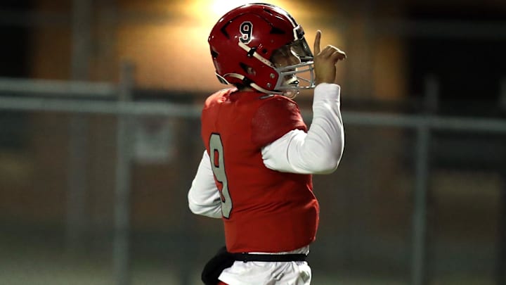 Kevin Sperry Jr. scores as the Carl Albert Titans play Collinsville in State Championship Playoff High School Football on Nov 17, 2023; Midwest City, Oklahoma, USA; at Carl Albert High School. Mandatory Credit: Steve Sisney-The Oklahoman