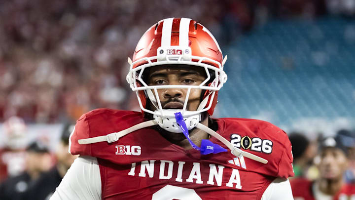 Jan 19, 2026; Miami Gardens, FL, USA; Indiana Hoosiers defensive lineman Hosea Wheeler (0) against the Miami Hurricanes in the College Football Playoff National Championship game at Hard Rock Stadium. Mandatory Credit: Mark J. Rebilas-Imagn Images