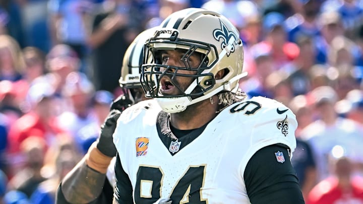 Sep 28, 2025; Orchard Park, New York, USA; New Orleans Saints defensive end Cameron Jordan (94) celebrates a sack against the Buffalo Bills in the second quarter at Highmark Stadium. Mandatory Credit: Mark Konezny-Imagn Images