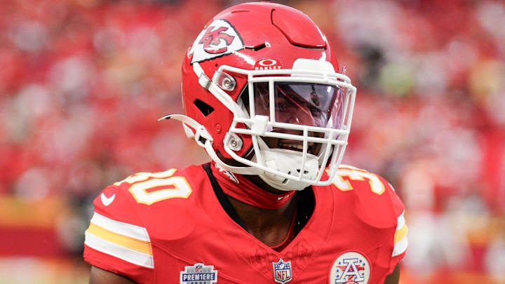 Sep 5, 2024; Kansas City, Missouri, USA; Kansas City Chiefs cornerback Christian Roland-Wallace (30) runs on field against the Baltimore Ravens prior to a game at GEHA Field at Arrowhead Stadium. Mandatory Credit: Denny Medley-Imagn Images