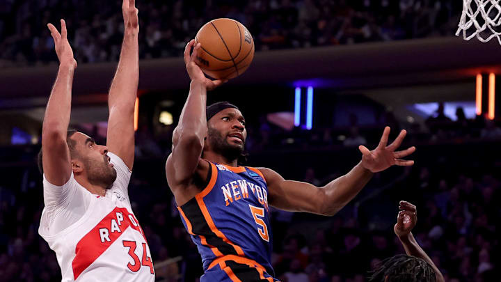 Jan 20, 2024; New York, New York, USA; New York Knicks forward Precious Achiuwa (5) drives to the