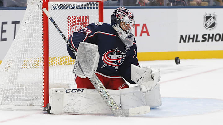 Blue Jackets goaltender Jet Greaves makes a save against the New Jersey Devils on Monday night. Blue Jackets goaltender Jet Greaves makes a save against the New Jersey Devils on Monday night.