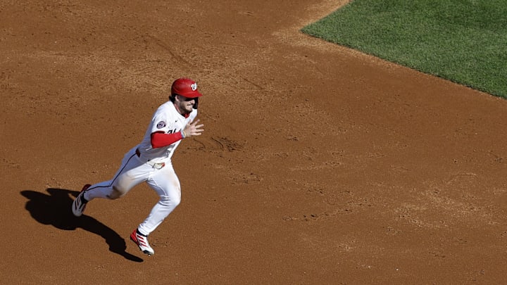 Apr 28, 2025; Washington, District of Columbia, USA; Washington Nationals outfielder Dylan Crews (3) advances to third base on a single by Nationals outfielder Alex Call (not pictured) against the New York Mets during the second inning at Nationals Park. Apr 28, 2025; Washington, District of Columbia, USA; Washington Nationals outfielder Dylan Crews (3) advances to third base on a single by Nationals outfielder Alex Call (not pictured) against the New York Mets during the second inning at Nationals Park.