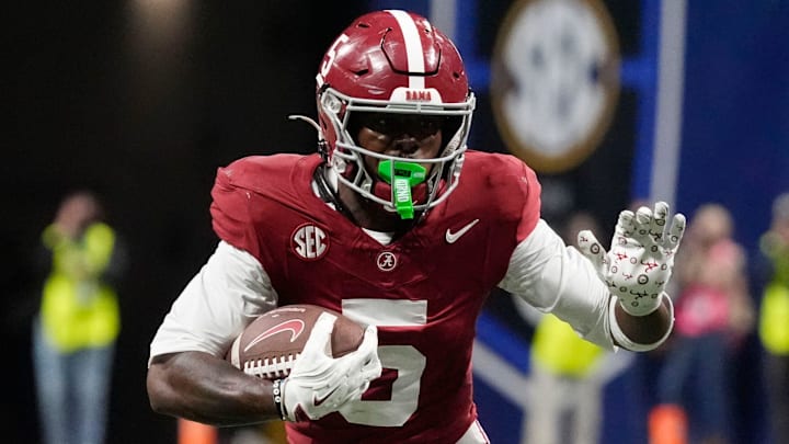 Dec 6, 2025; Atlanta, GA, USA; Alabama wide receiver Germie Bernard (5) runs with the ball after making a catch during the game with Georgia at Mercedes-Benz Stadium. Mandatory Credit: Gary Cosby Jr.-Tuscaloosa News