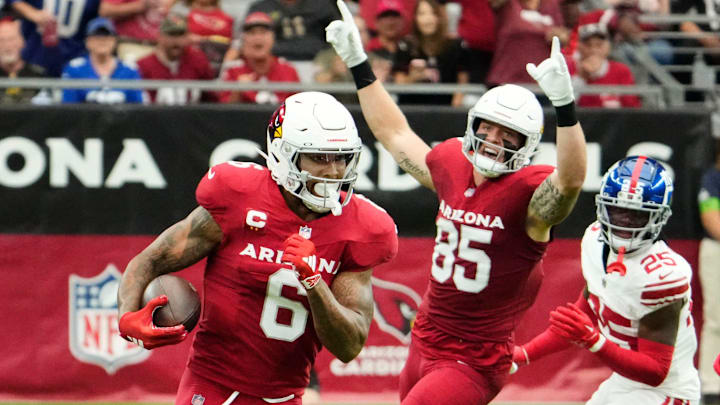 Sep 17, 2023; Glendale, AZ, USA; Arizona Cardinals running back James Conner (6) carries the ball against the New York Giants in the first half at State Farm Stadium. Mandatory Credit: Rob Schumacher-Arizona Republic