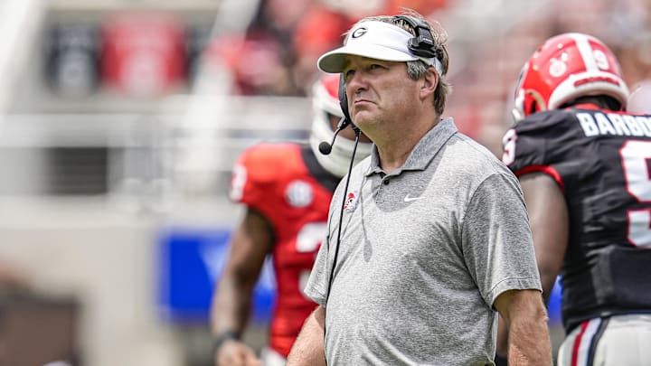 Apr 18, 2026; Athens, GA, USA; Georgia Bulldogs head coach Kirby Smart reacts on the field during the Georgia Spring football game at Sanford Stadium. Mandatory Credit: Dale Zanine-Imagn Images