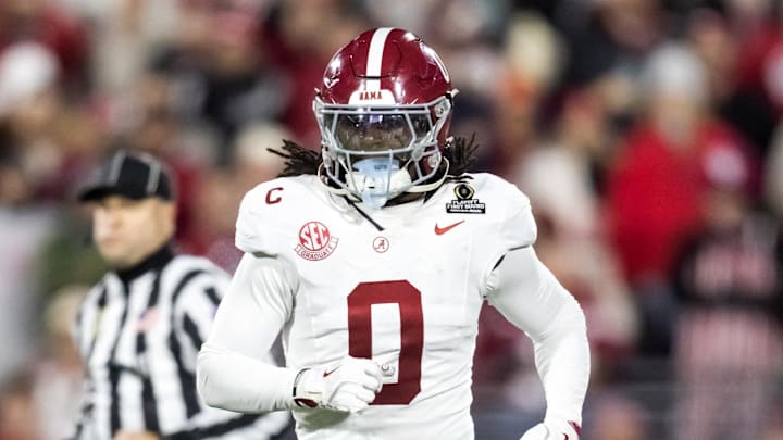 Dec 19, 2025; Norman, OK, USA; Alabama Crimson Tide linebacker Deontae Lawson (0) against the Oklahoma Sooners during the CFP National Playoff First Round at Gaylord Family Oklahoma Memorial Stadium. Mandatory Credit: Mark J. Rebilas-Imagn Images