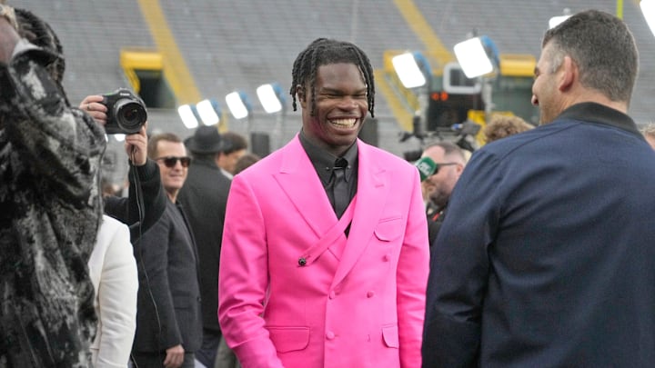 NFL draft prospect, Colorado Buffaloes wide receiver Travis Hunter, arrives during the NFL Draft Red Carpet event at Lambeau Field in Green Bay on Thursday, April 24, 2025.