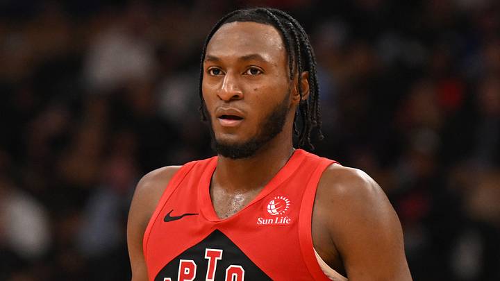Oct 24, 2025; Toronto, Ontario, CAN; Toronto Raptors guard Immanuel Quickley (5) during a break in the action against the Milwaukee Bucks at Scotiabank Arena. Mandatory Credit: Gerry Angus-Imagn Images