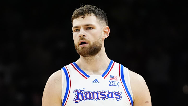 Feb 24, 2025; Boulder, Colorado, USA; Kansas Jayhawks center Hunter Dickinson (1) during the first half against the Colorado Buffaloes at the CU Events Center. Mandatory Credit: Ron Chenoy-Imagn Images