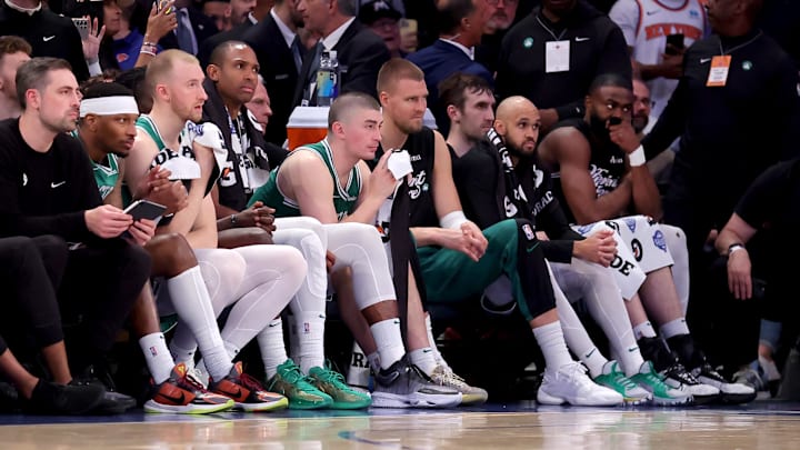 May 16, 2025; New York, New York, USA; Boston Celtics players watch from the bench during the end of the fourth quarter of game six in the second round of the 2025 NBA Playoffs against the New York Knicks at Madison Square Garden. Mandatory Credit: Brad Penner-Imagn Images May 16, 2025; New York, New York, USA; Boston Celtics players watch from the bench during the end of the fourth quarter of game six in the second round of the 2025 NBA Playoffs against the New York Knicks at Madison Square Garden. Mandatory Credit: Brad Penner-Imagn Images