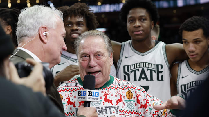Michigan State Spartans head coach Tom Izzo does an interview following a 79-70 win over the Oakland Golden Grizzlies at Little Caesars Arena on Saturday, Dec. 20, 2025.