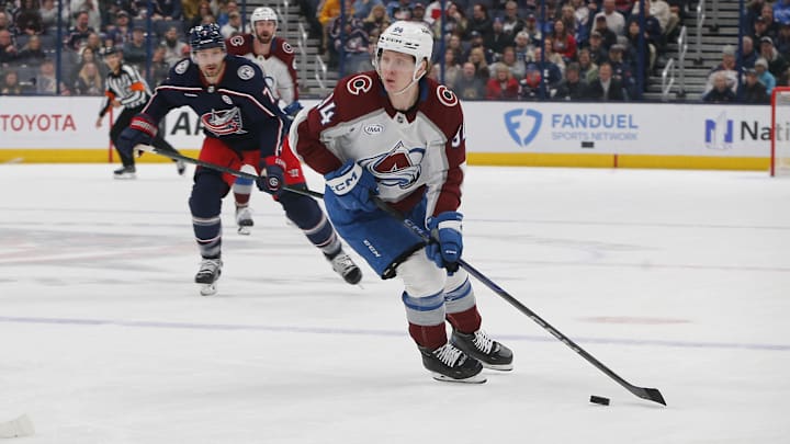 Apr 3, 2025; Columbus, Ohio, USA; Colorado Avalanche left wing Joel Kiviranta (94) looks to pass against the Columbus Blue Jackets during the first period at Nationwide Arena. Mandatory Credit: Russell LaBounty-Imagn Images