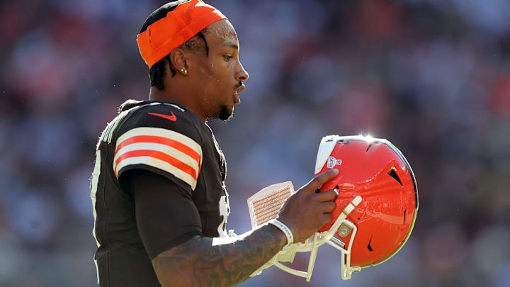 Former Browns quarterback Dorian Thompson-Robinson heads back to the bench during the second half against the Bengals, Oct. 20, 2024, in Cleveland.