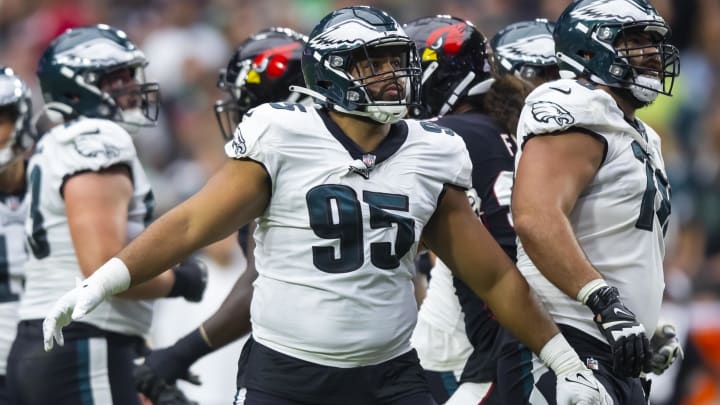 Oct 9, 2022; Glendale, Arizona, USA; Philadelphia Eagles defensive tackle Marlon Tuipulotu (95) against the Arizona Cardinals at State Farm Stadium. Mandatory Credit: Mark J. Rebilas-USA TODAY Sports Oct 9, 2022; Glendale, Arizona, USA; Philadelphia Eagles defensive tackle Marlon Tuipulotu (95) against the Arizona Cardinals at State Farm Stadium. Mandatory Credit: Mark J. Rebilas-USA TODAY Sports