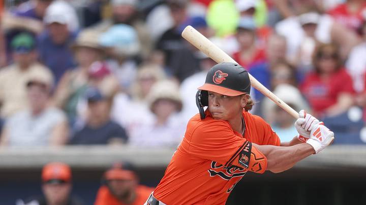 Mar 5, 2024; Clearwater, Florida, USA;  Baltimore Orioles shortstop Jackson Holiday (87) steps up to
