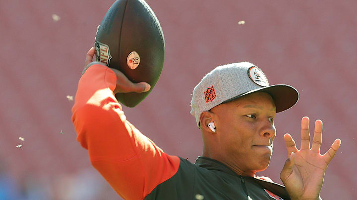 Browns quarterback Josh Dobbs warms up before playing the Los Angeles Chargers on Sunday, Oct. 9, 2022 in Cleveland.