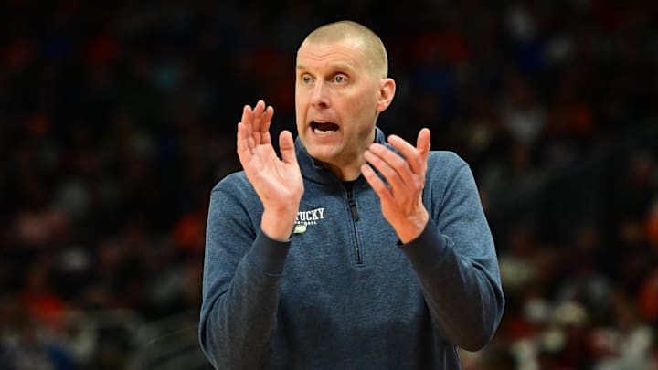 Mar 23, 2025; Milwaukee, WI, USA;  Kentucky Wildcats head coach Mark Pope reacts during the second half in the second round of the NCAA Tournament against the Illinois Fighting Illini at Fiserv Forum. Mandatory Credit: Benny Sieu-Imagn Images