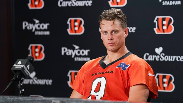 Cincinnati Bengals Joe Burrow speaks during a press conference ahead of the Week 4 NFL game against the Jacksonville Jaguars, Wednesday, Sept. 30, 2026, in downtown Cincinnati.