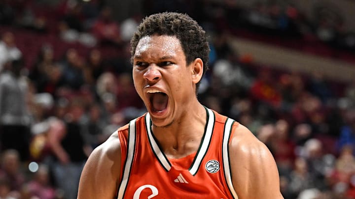 Feb 24, 2026; Tallahassee, Florida, USA; Miami Hurricanes forward Treyvon Maddox (5) celebrates after a play during the second half against the Florida State Seminoles at Donald L. Tucker Center. Mandatory Credit: Melina Myers-Imagn Images