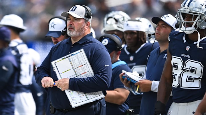 Aug 11, 2024; Inglewood, California, USA; Dallas Cowboys head coach Mike McCarthy on the sidelines against the Los Angeles Rams during the second quarter at SoFi Stadium. Mandatory Credit: Jonathan Hui-Imagn Images