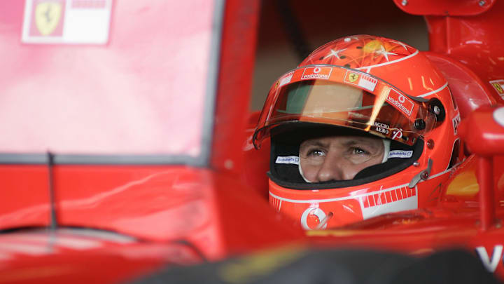June 17, 2005; Indianapolis, IN, USA; Michael Schumacher #1 of Scuderia Ferrari Marlboro watches the scoring monitor while sitting in the cockpit of his car during the second practice session for the United States Grand Prix on Friday June 17, 2005 at the Indianpolis Motor Speedway. Mandatory Credit: Photo By Jeff Hanisch-Imagn Images Copyright (c) 2005 Jeff Hanisch June 17, 2005; Indianapolis, IN, USA; Michael Schumacher #1 of Scuderia Ferrari Marlboro watches the scoring monitor while sitting in the cockpit of his car during the second practice session for the United States Grand Prix on Friday June 17, 2005 at the Indianpolis Motor Speedway. Mandatory Credit: Photo By Jeff Hanisch-Imagn Images Copyright (c) 2005 Jeff Hanisch