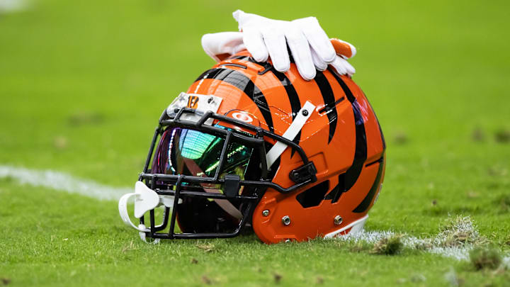 Oct 8, 2023; Glendale, Arizona, USA; Detailed view of a Cincinnati Bengals helmet at State Farm Stadium. Mandatory Credit: Mark J. Rebilas-Imagn Images